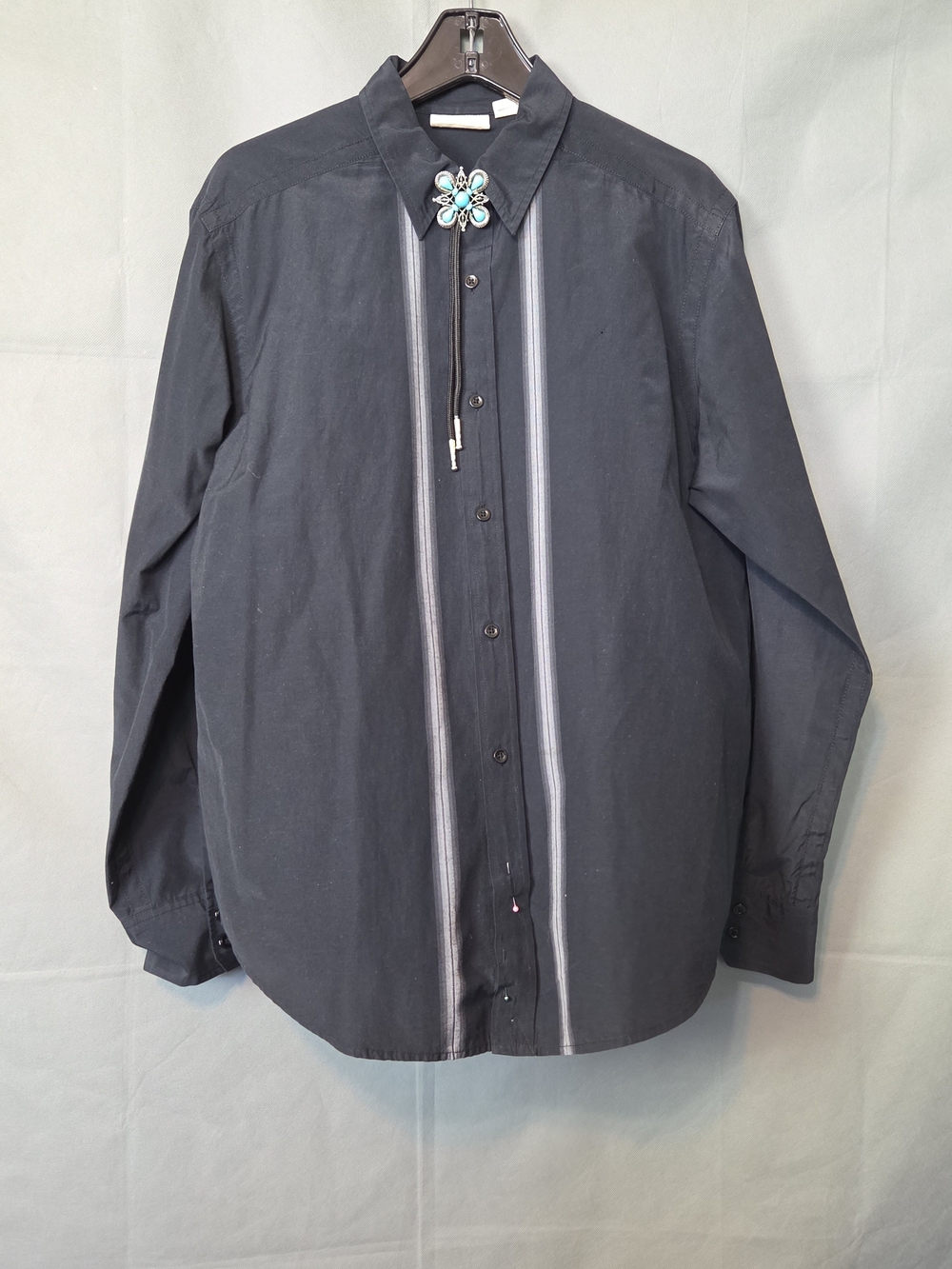 DKNY Black Button-Front Striped Shirt Jacket with Turquoise Floral Bolo